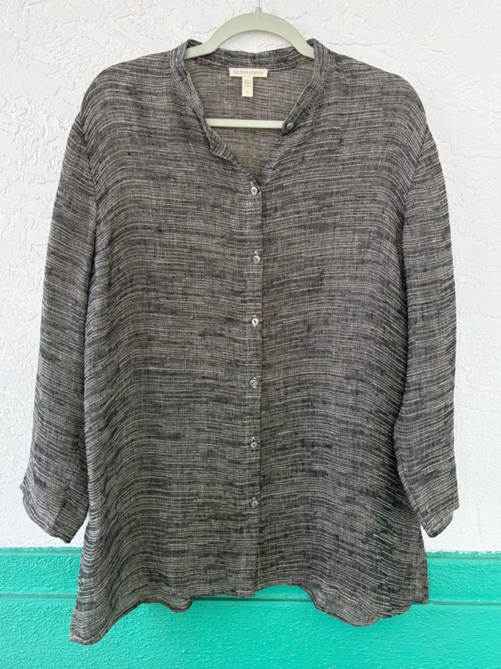 Eileen Fisher Organic Linen Gauze Mandarin Collar Black Button Front Shirt Small